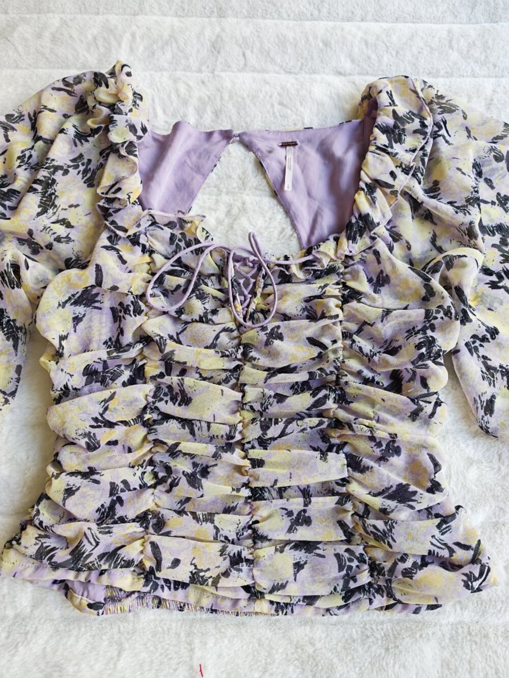 Free People Floral Ruched Blouse Top Puff Sleeve Tie Front Cottagecore Boho Roma - Picture 6 of 13